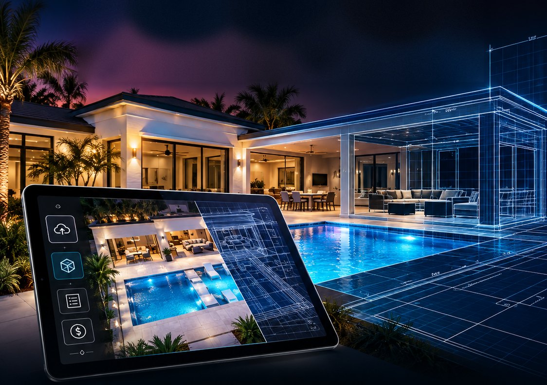 A pool, lanai and outdoor living space at dusk drawn in Span Pro, half finished render and half 3D blueprint, with the app open on a tablet