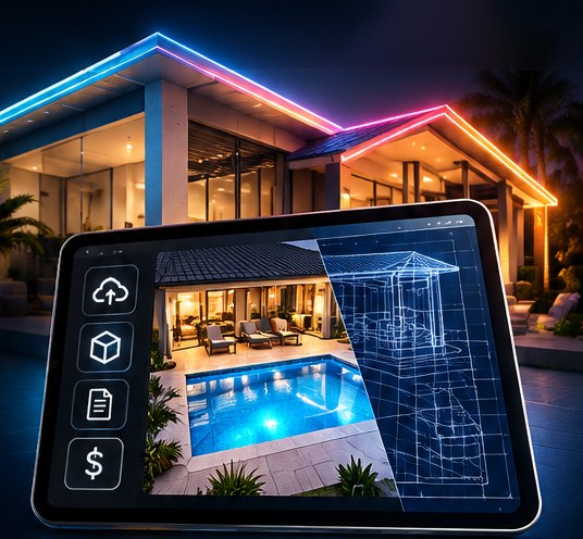 A home at night outlined in neon roofline light, with Span Pro on a tablet showing the pool as a finished render and a blueprint