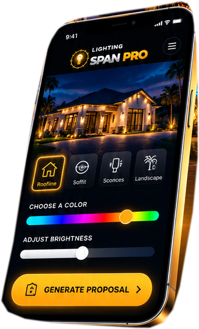 The Lighting Span Pro app on a phone with roofline, soffit, sconces and landscape, a color slider, a brightness slider and the generate proposal button
