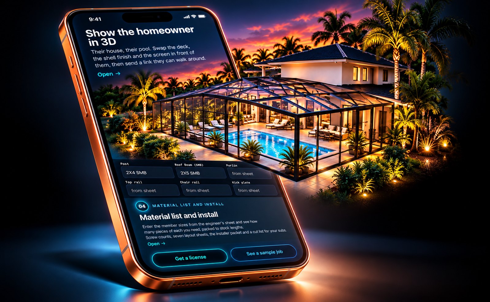 Pool Span Pro on a phone, the homeowner view of a lit pool enclosure at dusk with the material list fields below